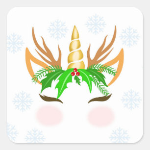 Christmas Unicorn Face Quadratischer Aufkleber