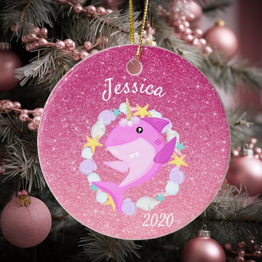Christmas Unicorn Pink Shark Glitter Custom Keramik Ornament