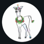 Christmas Unicorn Runder Aufkleber<br><div class="desc">Feierlicher Feiertag Einhorn mit Heiligenkranz</div>
