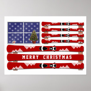 Christmas USA Flag and Skis Poster