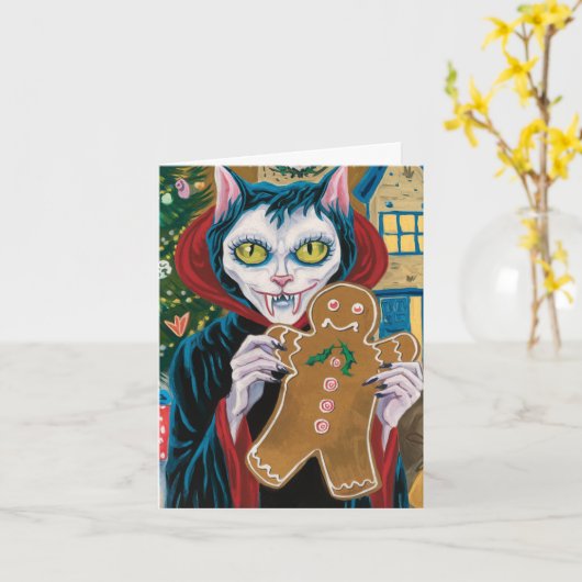 Christmas Vampire Kitty mit Gingerbread Mann Karte (Gelbe Blume)