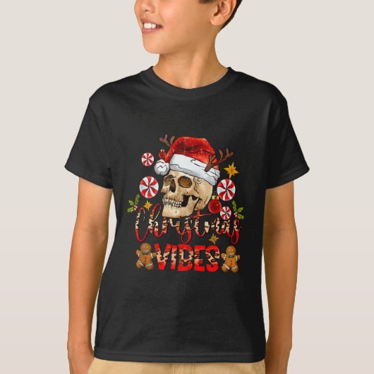 Christmas Vibes Skull Santa Hat Christmas Skeleton T-Shirt (Vorderseite)