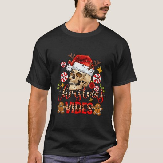 Christmas Vibes Skull Santa Hat Christmas Skeleton T-Shirt (Vorderseite)