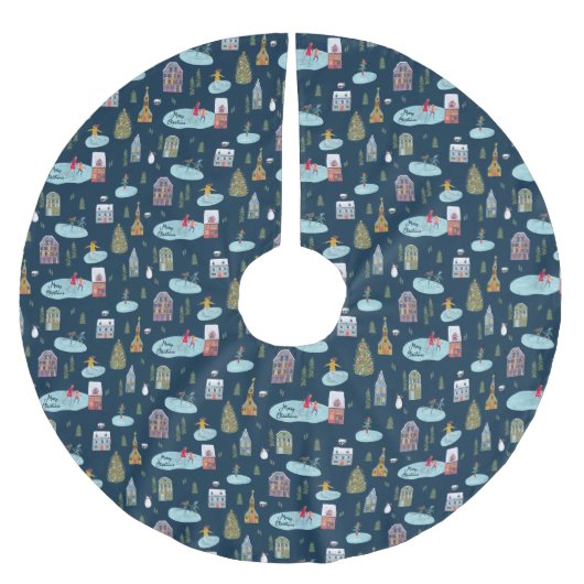 Christmas Village Blue Pattern "Frohe Weihnachten" Polyester Weihnachtsbaumdecke (Vorderseite)