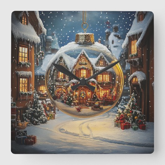 Christmas Village Ornament Wall Clock Quadratische Wanduhr (Vorderseite)