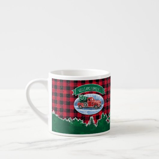 Christmas Vintag Red Truck Buffalo Karierter Name Espressotasse (Links)