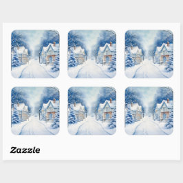 Christmas Vintag Village Blue Scene Quadratischer Aufkleber