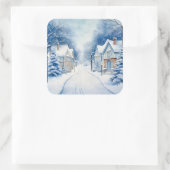 Christmas Vintag Village Blue Scene Quadratischer Aufkleber (Tasche)