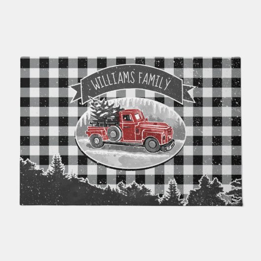 Christmas Vintage Truck Black Buffalo Pläd Name Fußmatte (Vorderseite)