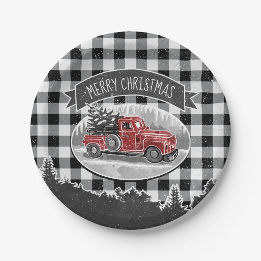 Christmas Vintage Truck Black Buffalo Pläd Name Pappteller (Vorderseite)