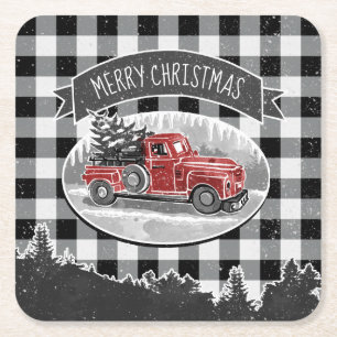 Christmas Vintage Truck Black Buffalo Pläd Name Rechteckiger Pappuntersetzer