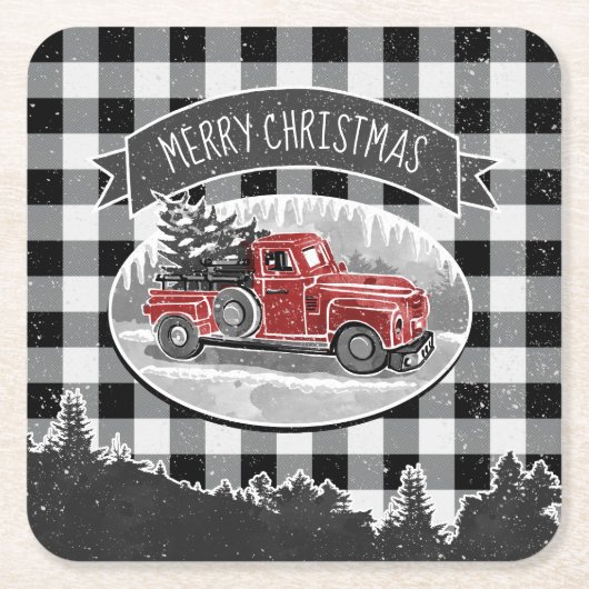Christmas Vintage Truck Black Buffalo Pläd Name Rechteckiger Pappuntersetzer (Vorderseite)