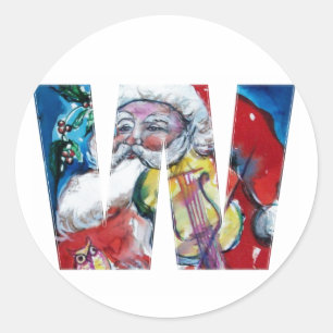 CHRISTMAS W LETTER / SANTA MIT VIOLIN MONOGRAM RUNDER AUFKLEBER