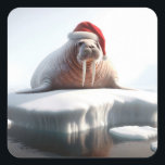Christmas Walrus Tragen einer Weihnachtsmannmütze Quadratischer Aufkleber<br><div class="desc">Ein Walrus mit einem Weihnachtsmann,  der auf einer kleinen Eisscholle sitzt.</div>