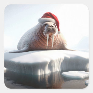 Christmas Walrus Tragen einer Weihnachtsmannmütze Quadratischer Aufkleber