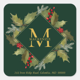 Christmas Watercolor Big Monogram Holly Wreath Quadratischer Aufkleber