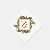 Christmas Watercolor Big Monogram Holly Wreath Red Serviette (Ecke)