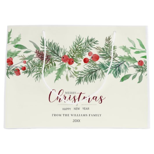 Christmas Watercolor Greenery Gift Bag Große Geschenktüte (Vorderseite)