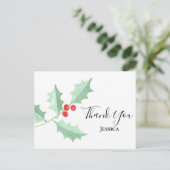 Christmas Watercolor Holly Berries Vielen Dank Postkarte (Stehend Vorderseite)
