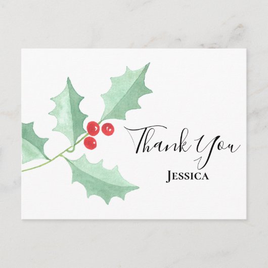 Christmas Watercolor Holly Berries Vielen Dank Postkarte (Vorderseite)