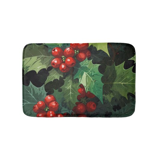 Christmas watercolor Holly berry leaves botanical  Badematte (Vorderseite)