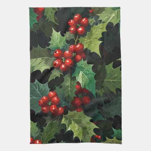 Christmas watercolor Holly berry leaves botanical  Geschirrtuch (Vertikal)