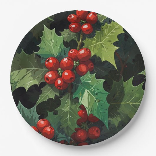 Christmas watercolor Holly berry leaves botanical Pappteller (Vorderseite)