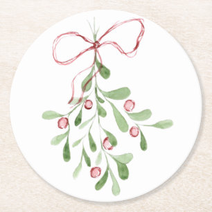 Christmas Watercolor Mistletoe Runder Pappuntersetzer
