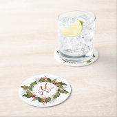 Christmas Watercolor Monogram Script Holly Wreath Runder Pappuntersetzer (Vor Ort)