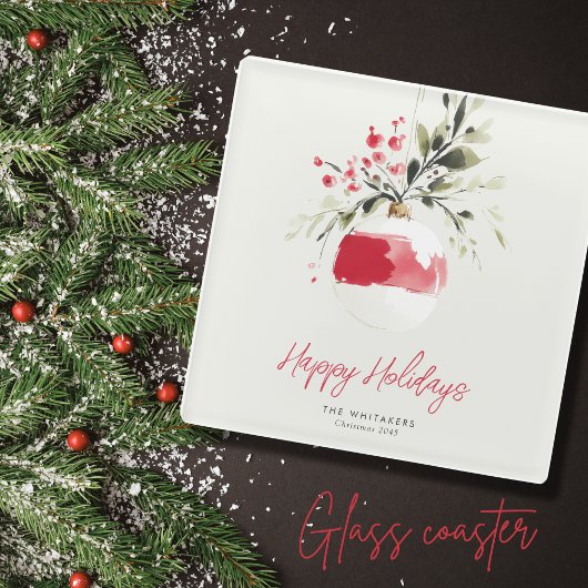 Christmas Watercolor Ornament Personalized Name Glasuntersetzer