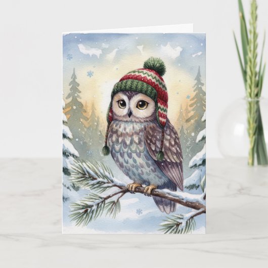 Christmas Watercolor Owl In Winter Hat Karte (Vorderseite)