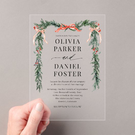 Christmas Watercolor Red Bow Winter Wedding Acryleinladungen (Insitu (Handheld))