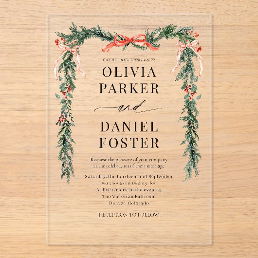 Christmas Watercolor Red Bow Winter Wedding Acryleinladungen (Vorderseite)