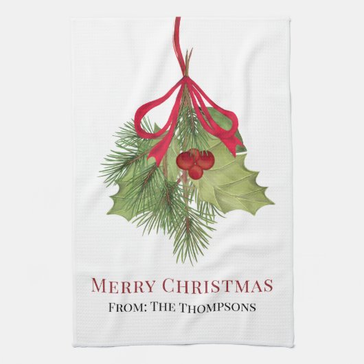 Christmas Watercolor Red Holly Berries Einfach Geschirrtuch (Vertikal)
