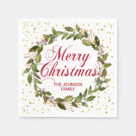 Christmas Watercolor Wreath Holly Gold Serviette