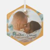 Christmas Wedding Keepsake Elegant Script photo Ornament Aus Glas (Vorderseite)