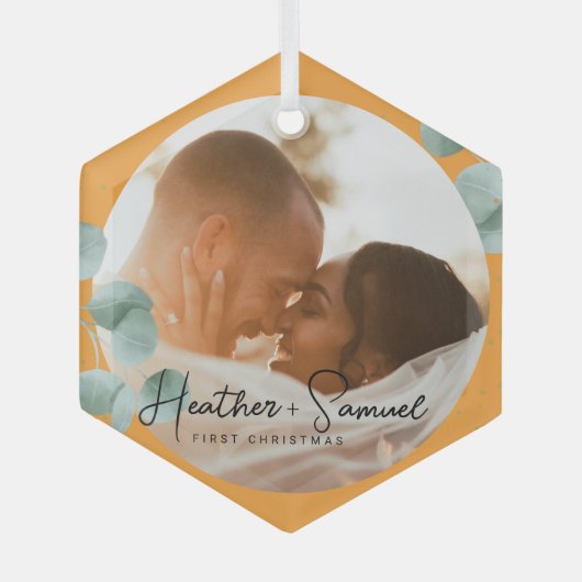 Christmas Wedding Keepsake Elegant Script photo Ornament Aus Glas (Vorderseite)