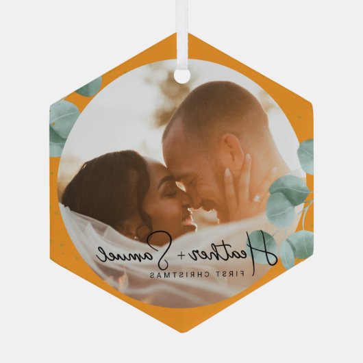 Christmas Wedding Keepsake Elegant Script photo Ornament Aus Glas (Rückseite)