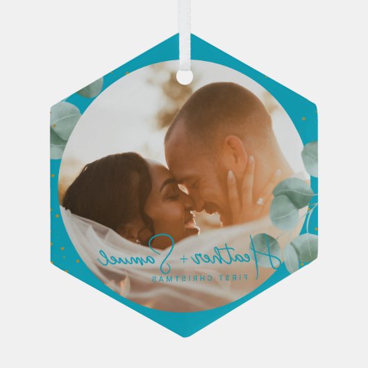 Christmas Wedding Keepsake Elegant Script photo Ornament Aus Glas (Rückseite)