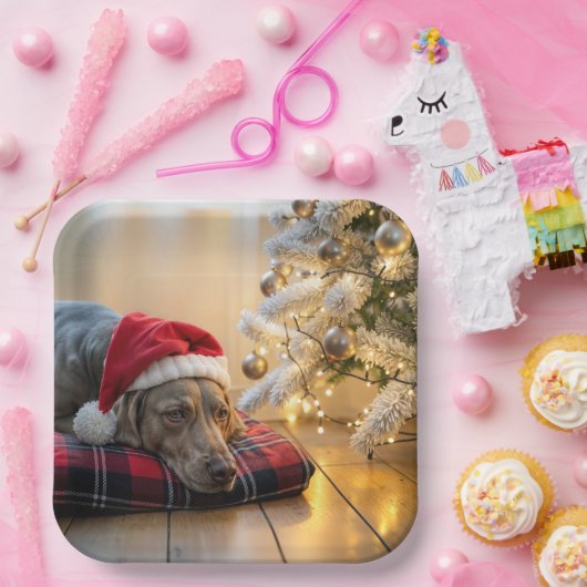 Christmas Weimaraner Dog By a Tree Pappteller (Party)