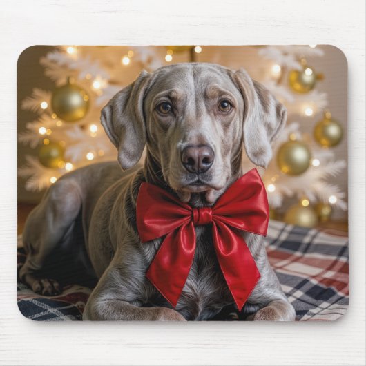 Christmas Weimaraner Dog With Red Bow Mousepad (Vorne)