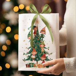 Christmas Whimsical Elves Decorating Tree Gift Bag Mittlere Geschenktüte