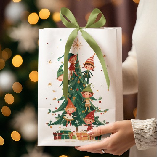 Christmas Whimsical Elves Decorating Tree Gift Bag Mittlere Geschenktüte