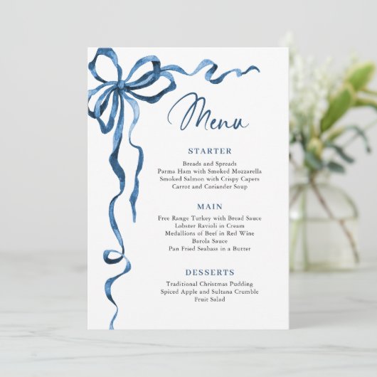 Christmas Whimsical Funky Blue Bow Dinner Party Menükarte (Stehend Vorderseite)