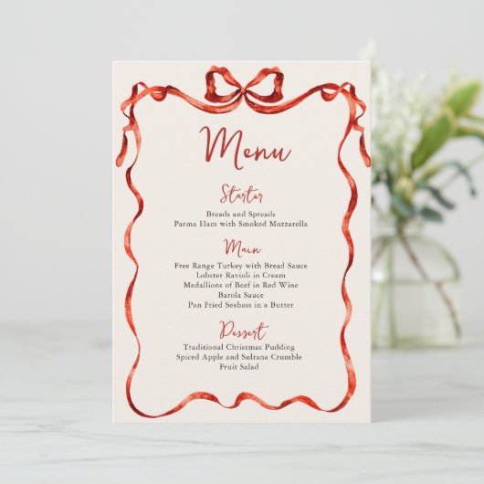 Christmas Whimsical Funky Red Bow Dinner Party Menükarte (Stehend Vorderseite)