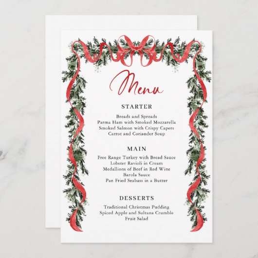 Christmas Whimsical Red Bow Wreath Dinner Party Menükarte (Vorne/Hinten)