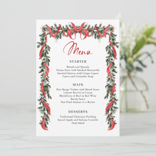 Christmas Whimsical Red Bow Wreath Dinner Party Menükarte (Stehend Vorderseite)