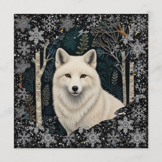 Christmas white fox white wolf sparkling snowflake einladung (Vorderseite)