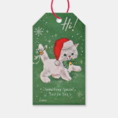 Christmas White Kitten Green Bow Gold Bells Geschenkanhänger (Vorderseite)