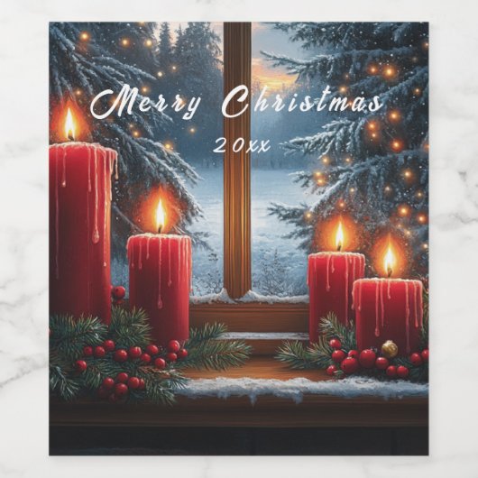 Christmas Window Red Candles Pine Trees Red Berry Weinetikett (Einzelnes Label)